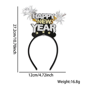 Spécifications de taille du serre-tête Bonne Année montrant 27,2cm de haut et 12cm de large
