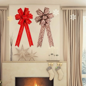 Detail of red Merry Christmas bow and linen berry pattern bow on festive fireplace