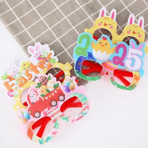 Three colorful Easter party glasses with rabbit, chick and 2025 motifs for festive photos