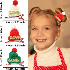 Lot de 3 pinces à cheveux bonnet de Noël avec texte LOVE pailleté pour coiffures de fête