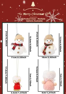 Detailed dimensions of plush snowman and sequined boot Christmas tree hanging ornaments