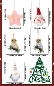 Detailed size specifications for five plush Christmas tree ornaments and festive pendants