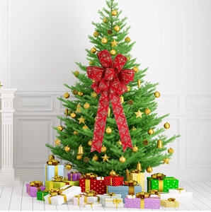 Detail of red Christmas bow with gold snowflake patterns on festive tree background