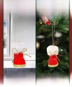 Detail of red plush Christmas boot ornament with white fur trim and golden sequins