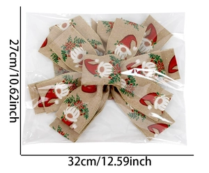 Linen Christmas bow with gnome print and gold trim showing dimensions 27cm by 32cm
