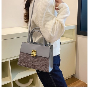Detail of grey and brown croc-effect handbag with a unique gold geometric metal clasp