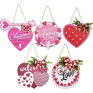Valentine's Day Wooden Hanging Sign Love Heart Shape Wall Plaque Home Party Door Decor With Bowknot Hemp Rope Ornament