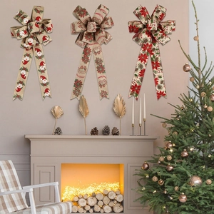 Large Christmas Ribbon Bow For Christmas Tree Decoration Burlap Printed Snowflake Red Truck Gnome Hanging Ornaments Holiday Party Home Decor