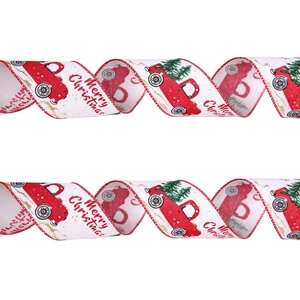Detail of Christmas ribbon with red vintage truck, Xmas tree print and red stitched edges