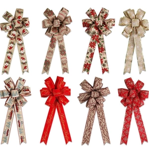 Set of 8 decorative Christmas bows featuring snowflakes, gnomes and Merry Christmas patterns