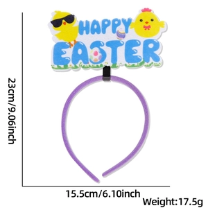 Detailed size view of Happy Easter headband with yellow chicks and purple frame