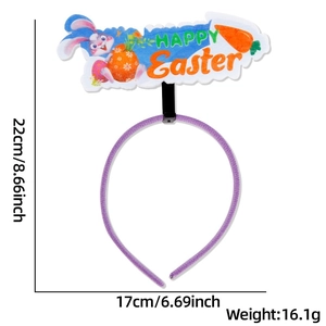 Detail of purple Happy Easter headband featuring cartoon bunny, egg and carrot decorations