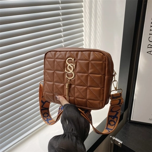 Women Quilted Rhombic Crossbody Bag With Metal Logo Tassel Wide Printed Shoulder Strap Casual Fashion PU Leather Purse