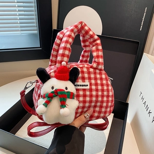 Damen Süße Rot Weiß Gingham Umhängetasche Mit Plüsch Welpen Anhänger Mode Karo Muster Handtasche Umhängetasche Weihnachtsgeschenk