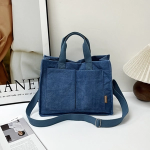 Women Corduroy Tote Bag Large Capacity Shoulder Bag Multi Pocket Handbag With Adjustable Strap Street Style Commuter Bag