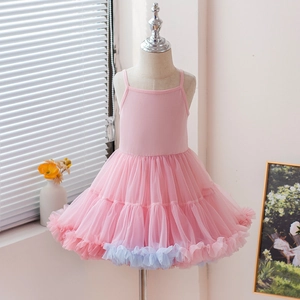 Close-up of pink toddler tutu dress featuring layered mesh skirt and elastic straps