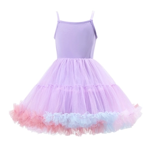 Detail of girls' purple ballet tutu dress with multi-layered colorful mesh ruffles