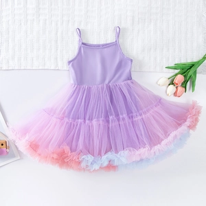 Flat lay detail of lilac tutu dress with layered mesh skirt and colorful ruffled edges