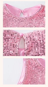Detail view of pink sequin dress showing round neckline and back button closure