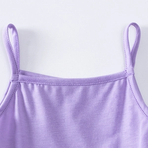 Detailed close-up of purple knit tank top neckline and shoulder strap stitching