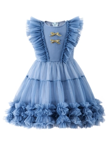 Elegant dusty blue girl princess dress with ruffle sleeves and gold bows
