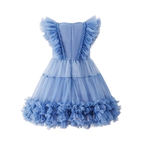 Detail of blue tulle princess dress with ruffled sleeves and shimmering glitter finish