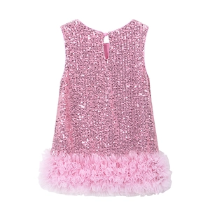 Detailed view of pink sequin bodice and layered mesh tutu tulle on girls princess dress