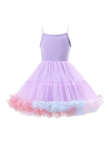 Detail of girls' ballet tutu dress with tiered mesh skirt and pastel ruffled edges