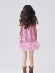 Elegant girl's pink sequin tulle tutu dress for parties with ruffled hemline back view