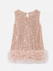 Close-up of sparkling rose gold sequins and pink tulle layers on this girl's tutu dress