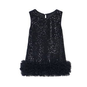 Detailed view of shimmering black sequins and ruffled tulle hem on girls tutu dress