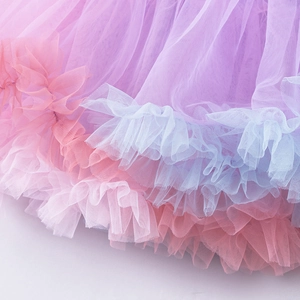 Detailed macro view of multi-layered pink, purple, and blue tulle tutu skirt fabric