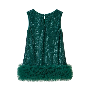 Detailed view of the dark green sequined sleeveless tutu dress with layered mesh skirt