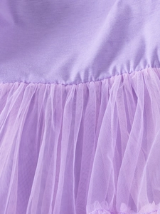Macro detail of purple knit bodice and tiered tulle layers on a girl's tutu dress