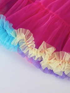 Détail d'une jupe tutu multicouche en tulle aux couleurs vives de l'arc-en-ciel