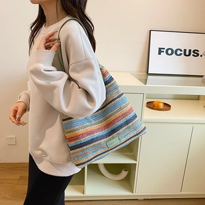 Striped woven shoulder tote bag with olive green straps and large capacity bohemian style