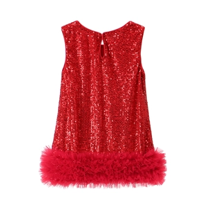 Detail of red sleeveless girls tutu dress featuring shimmering sequins and feather trim