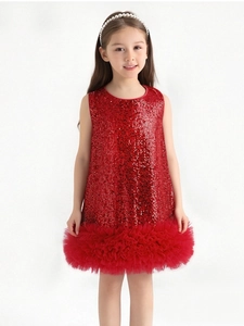 Close-up of red sequined bodice and layered tulle skirt on a girls princess dress