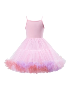 Detail of pink tutu ballet dress featuring layered tulle skirt and lavender ruffled edges