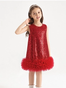 Red sleeveless sequin princess tutu dress with ruffled mesh hem for young girls
