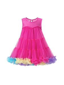 Robe tutu rose sans manches pour filles avec bordure en tulle arc-en-ciel coloré