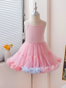 Pink toddler tutu dress with multi-layer mesh tulle and blue trim for dance or party