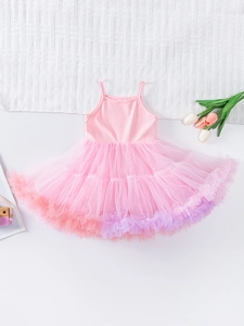 Pink and purple gradient tulle tutu dress for girls with delicate spaghetti straps