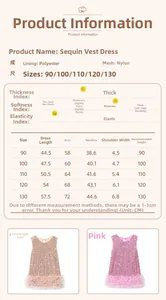 Detailed size chart for girls sequin mesh princess dress with fabric and measurement specs