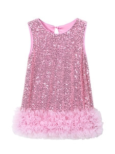 Pink sequin sleeveless princess tutu dress for girls with layered mesh ruffles for spring