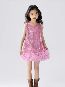 Pink sequin sleeveless tutu dress for girls with layered mesh skirt and ruffled hem