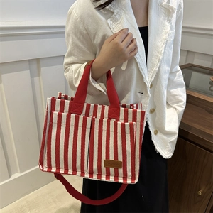 Large capacity red and white striped canvas tote bag with brown leather fashion label