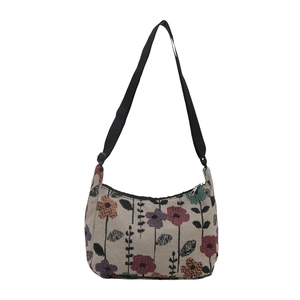 Floral embroidery crossbody bag with adjustable strap and vintage jacquard pattern