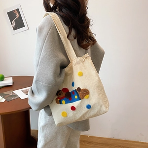 Sac fourre-tout en toile brodé chiot mignon avec pois colorés et grandes anses souples