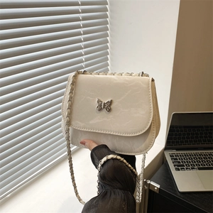 Women Elegant Butterfly Buckle Pleated PU Leather Shoulder Bag Fashion Chain Strap Crossbody Small Square Bag For Daily Dating